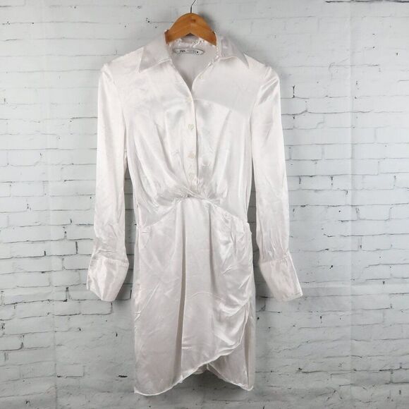 ZARA WHITE SATIN EFFECT LONG SLEEVE BUTTON DOWN DRESS SIZE SMALL - Picture 1 of 7